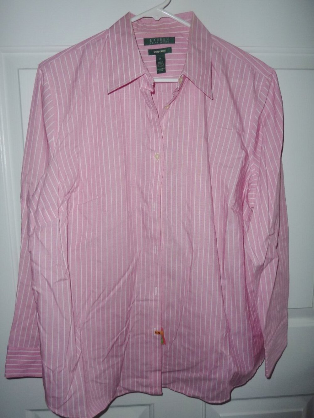 Mint! Ralph Lauren Polo Ladies No Iron Button Down Pink White Stripe Blouse 1X